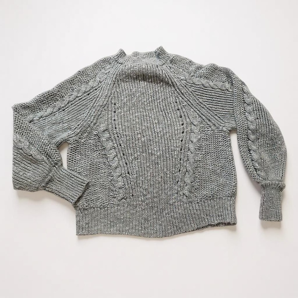American Eagle Sweater Cable Knit Grey Mock Neck Balloon Sleeve Womens S Boho